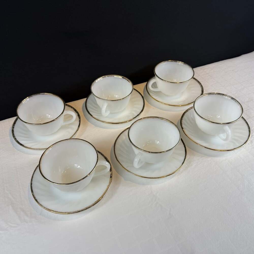 6 Vintage Anchor Hocking Fire King White Cup Saucer Sets Swirl Gold Rims Tea Mug
